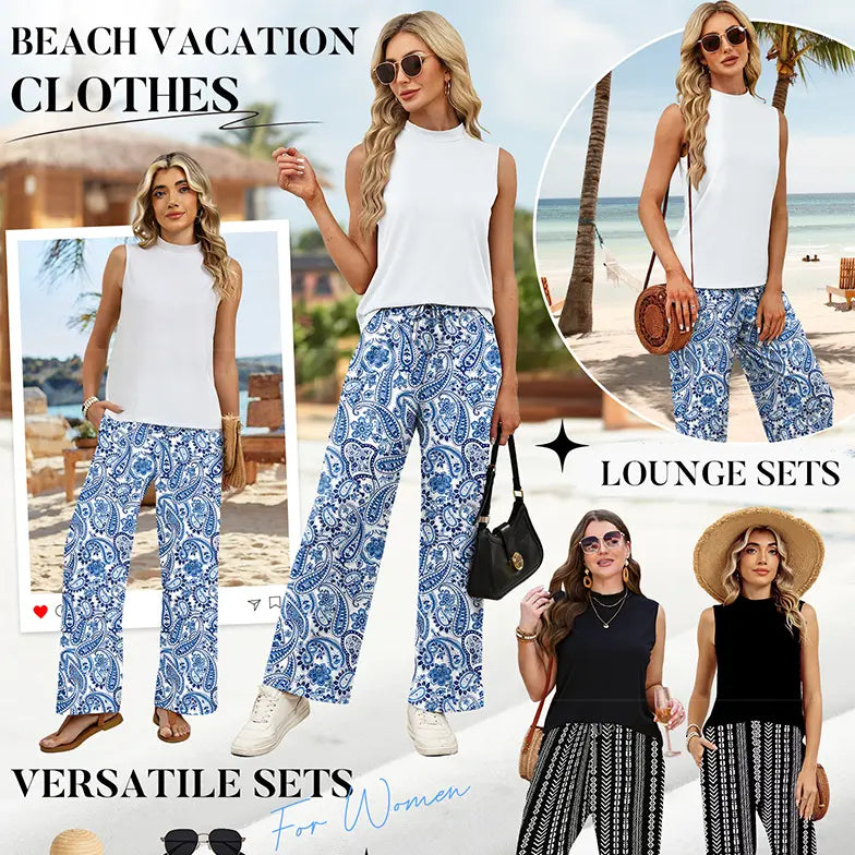 OFEEFAN Two Piece Set for Women Summer Spring Outfits Cruise Travel Airport Beach Vacation Mock Neck Wide Leg Pants Set Womenswear