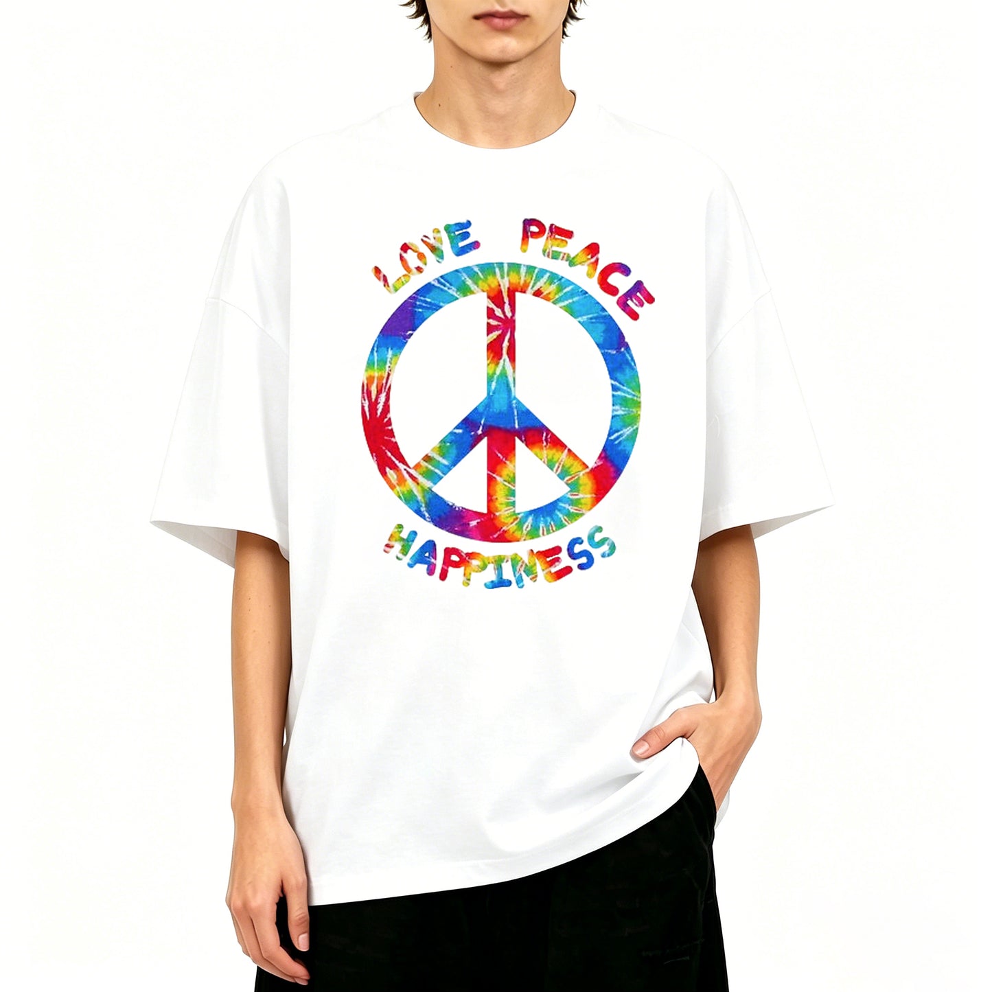 Classic Peace And Love Happiness Print Short Sleeve T-Shirt