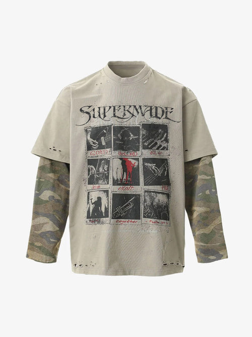 Jersey Distressed Faux Camouflage Two-Piece Graphic T-Shirt - 2420