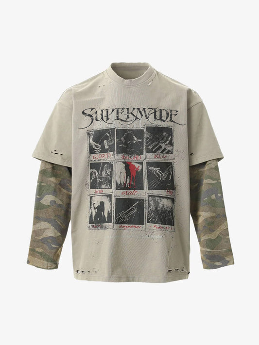 Jersey Distressed Faux Camouflage Two-Piece Graphic T-Shirt - 2420