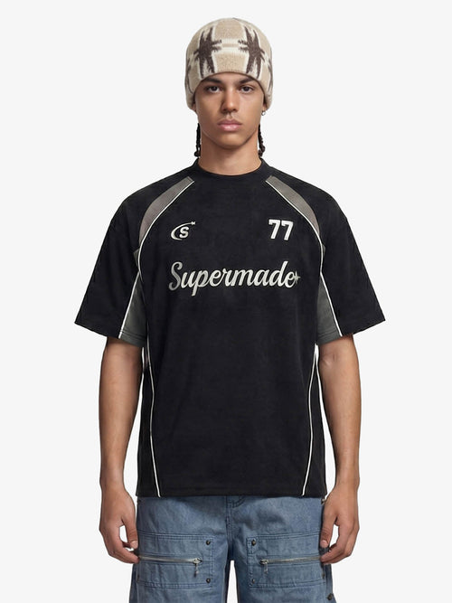 Suede Logo Embroidered Patchwork Short Sleeve T-Shirt