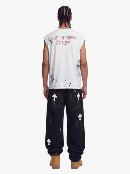 Grunge Slogan Print Distressed Raw Hem Sleeveless T-Shirt - 2612