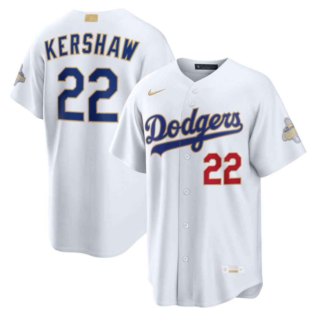 Los Angeles Dodgers Clayton Kershaw Nike White 2026 Gold Collection Stadium Jersey