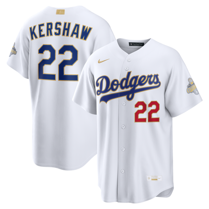 Los Angeles Dodgers Clayton Kershaw Nike White 2026 Gold Collection Stadium Jersey