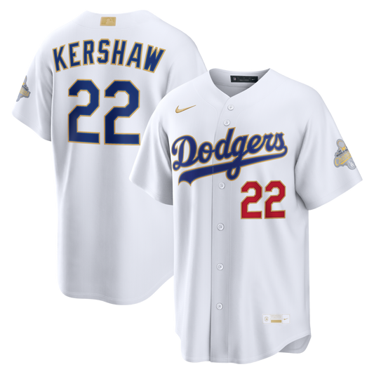 Los Angeles Dodgers Clayton Kershaw Nike White 2026 Gold Collection Stadium Jersey
