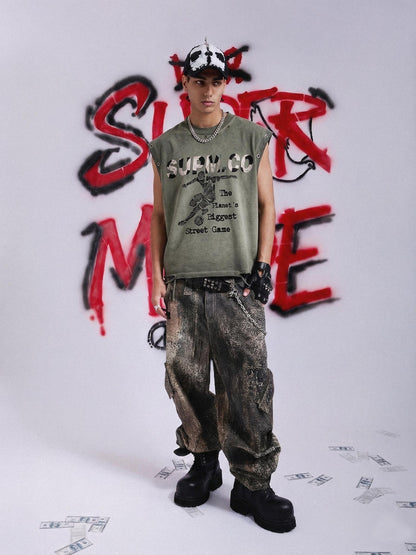 Distressed SUPM.CO Soccer Graphic Sleeveless T-Shirt