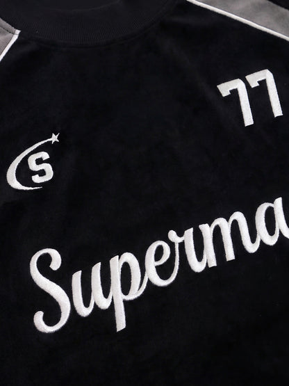 Suede Logo Embroidered Patchwork Short Sleeve T-Shirt