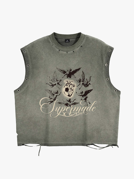 Vintage Washed Cherub Soccer Heart Graphic Sleeveless T-Shirt