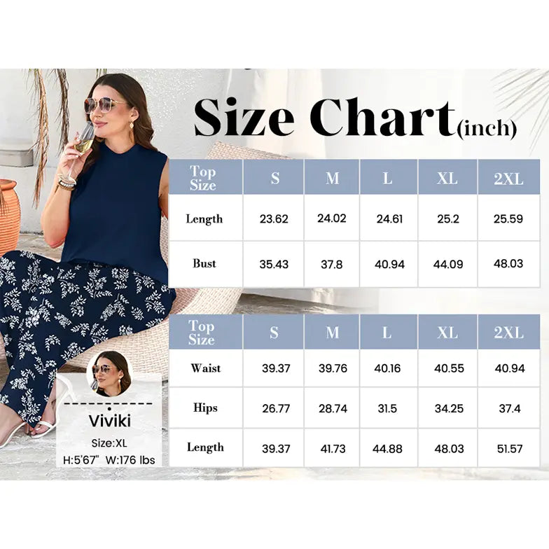 OFEEFAN Two Piece Set for Women Summer Spring Outfits Cruise Travel Airport Beach Vacation Mock Neck Wide Leg Pants Set Womenswear