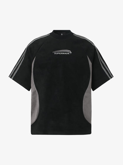 Suede Panel SUPERMADE Embroidered Short Sleeve T-Shirt - 2616
