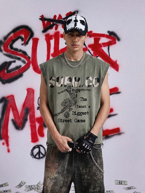 Distressed SUPM.CO Soccer Graphic Sleeveless T-Shirt