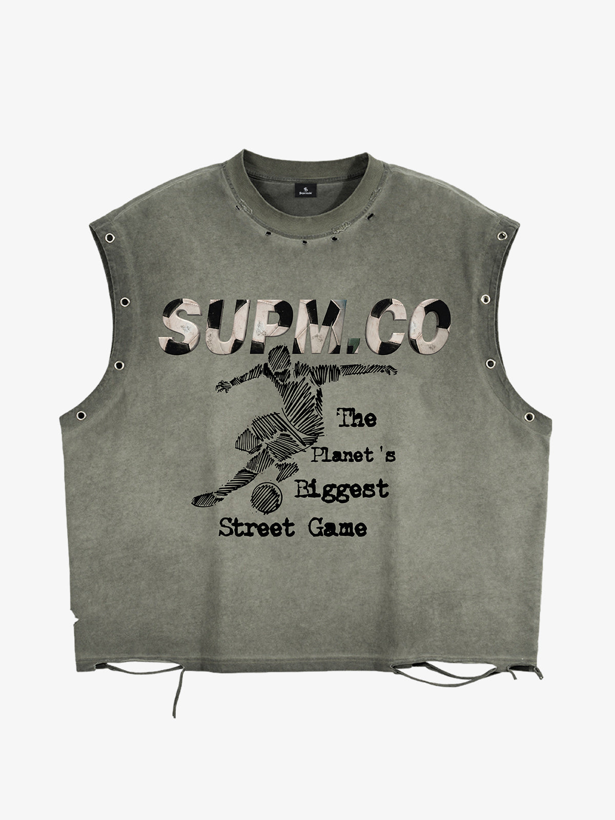 Distressed SUPM.CO Soccer Graphic Sleeveless T-Shirt