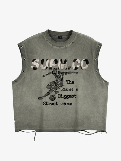 Distressed SUPM.CO Soccer Graphic Sleeveless T-Shirt