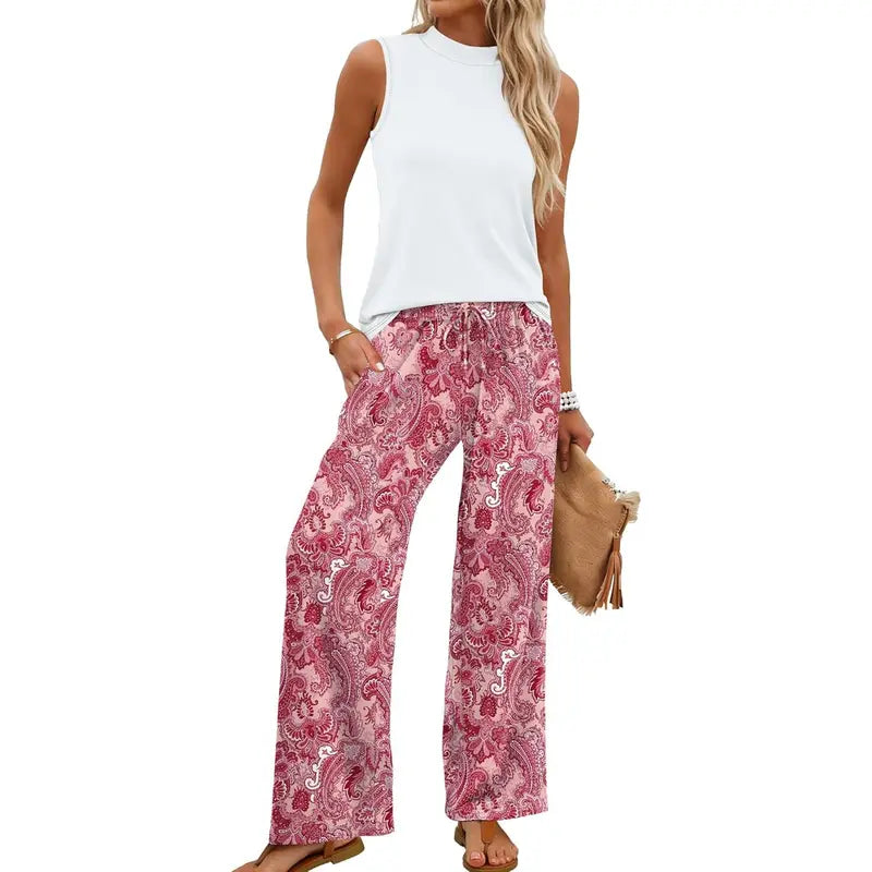 OFEEFAN Two Piece Set for Women Summer Spring Outfits Cruise Travel Airport Beach Vacation Mock Neck Wide Leg Pants Set Womenswear