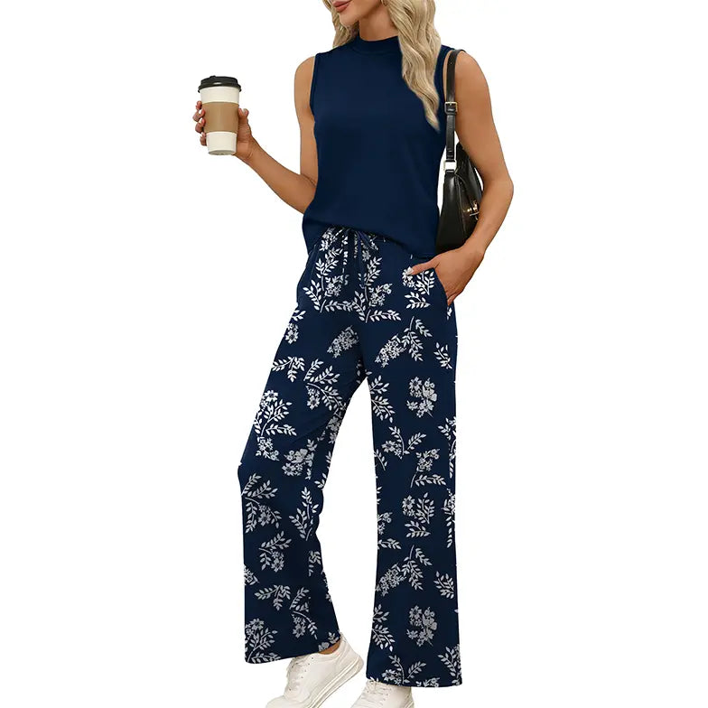 OFEEFAN Two Piece Set for Women Summer Spring Outfits Cruise Travel Airport Beach Vacation Mock Neck Wide Leg Pants Set Womenswear