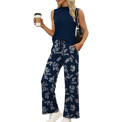 OFEEFAN Two Piece Set for Women Summer Spring Outfits Cruise Travel Airport Beach Vacation Mock Neck Wide Leg Pants Set Womenswear