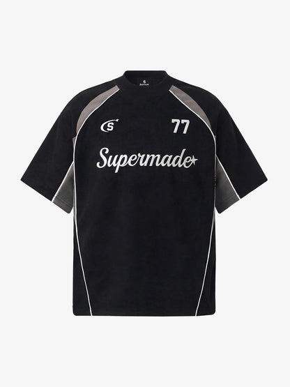 Suede Logo Embroidered Patchwork Short Sleeve T-Shirt
