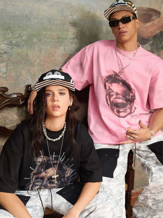 Street Retro Fun Portrait Print T-shirt - 2598