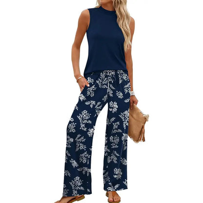 OFEEFAN Two Piece Set for Women Summer Spring Outfits Cruise Travel Airport Beach Vacation Mock Neck Wide Leg Pants Set Womenswear