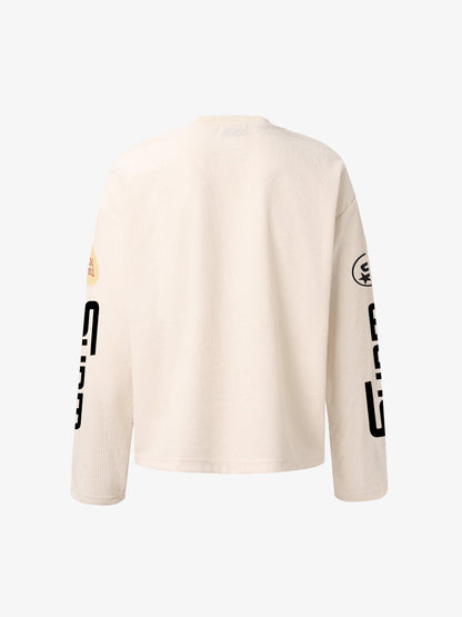 Textured Waffle SUPM Letter Graphic Long Sleeve T-Shirt - 2600