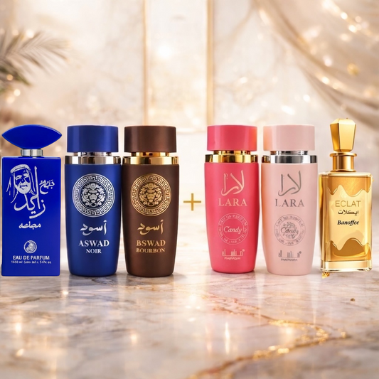 OFFER 6 PERFUMES (3 WOMEN + 3 MEN) - LARA CANDY + LARA + ECLAT BANOFFEE + ASWAD BOURBON + ASWAD AQUA + SHEIKH ZAYED