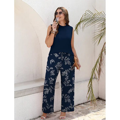 OFEEFAN Two Piece Set for Women Summer Spring Outfits Cruise Travel Airport Beach Vacation Mock Neck Wide Leg Pants Set Womenswear