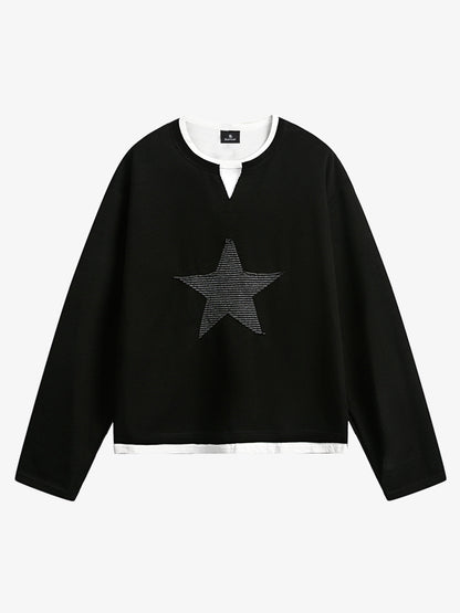 Layered Crewneck Star Print Long-Sleeve T-Shirt