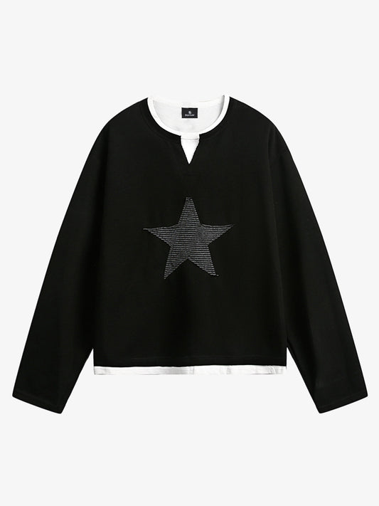 Layered Crewneck Star Print Long-Sleeve T-Shirt