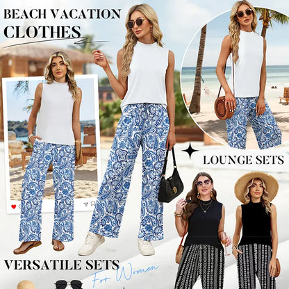 OFEEFAN Two Piece Set for Women Summer Spring Outfits Cruise Travel Airport Beach Vacation Mock Neck Wide Leg Pants Set Womenswear