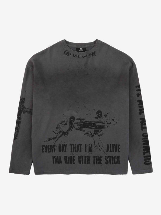 Waffle-Knit Distressed Gradient Print Long T-Shirt