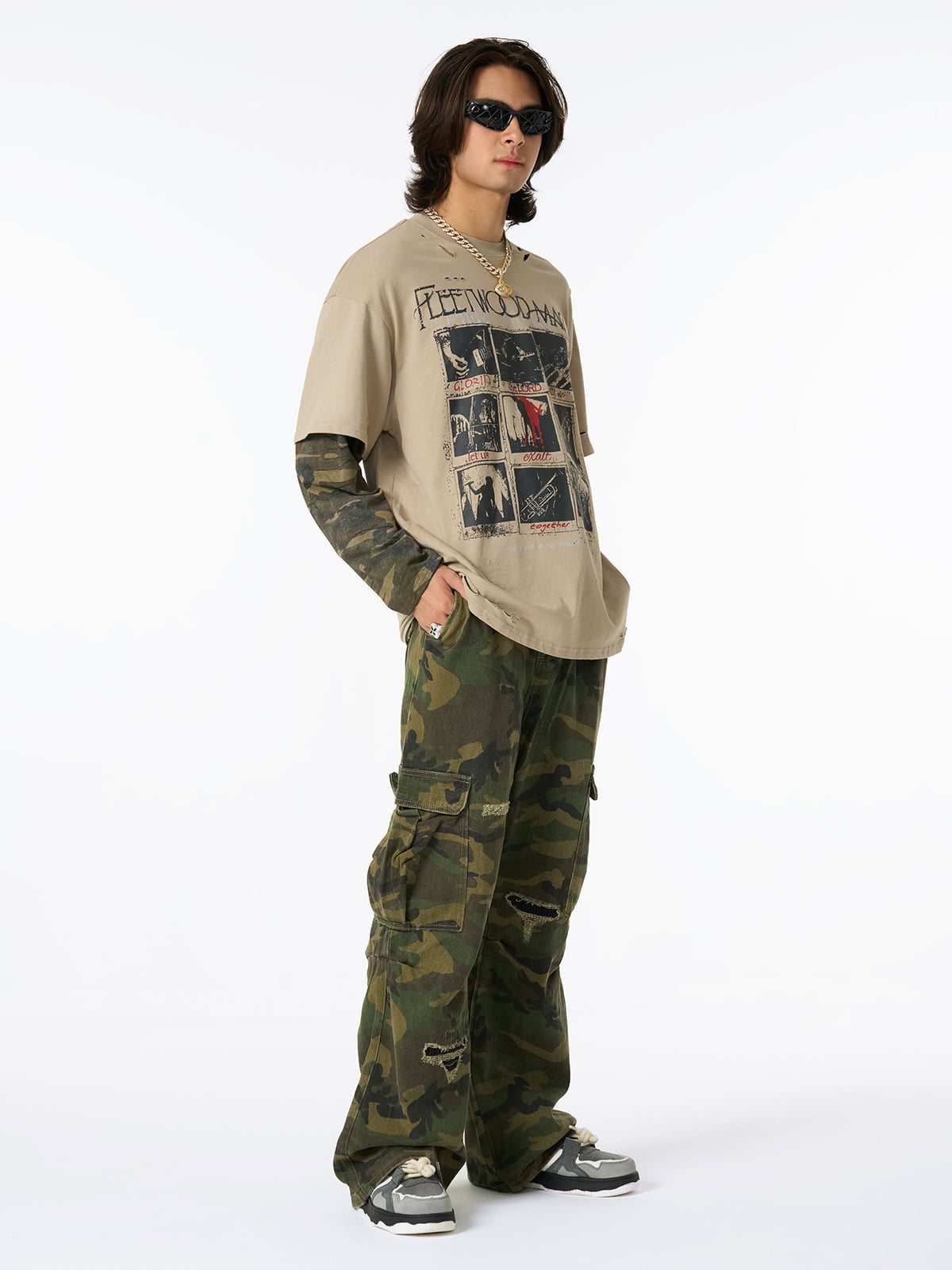Jersey Distressed Faux Camouflage Two-Piece Graphic T-Shirt - 2420