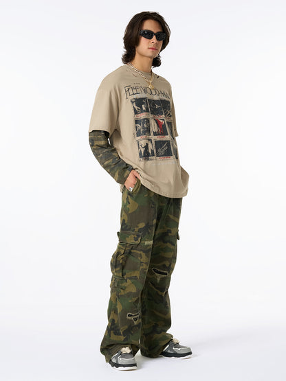 Jersey Distressed Faux Camouflage Two-Piece Graphic T-Shirt - 2420