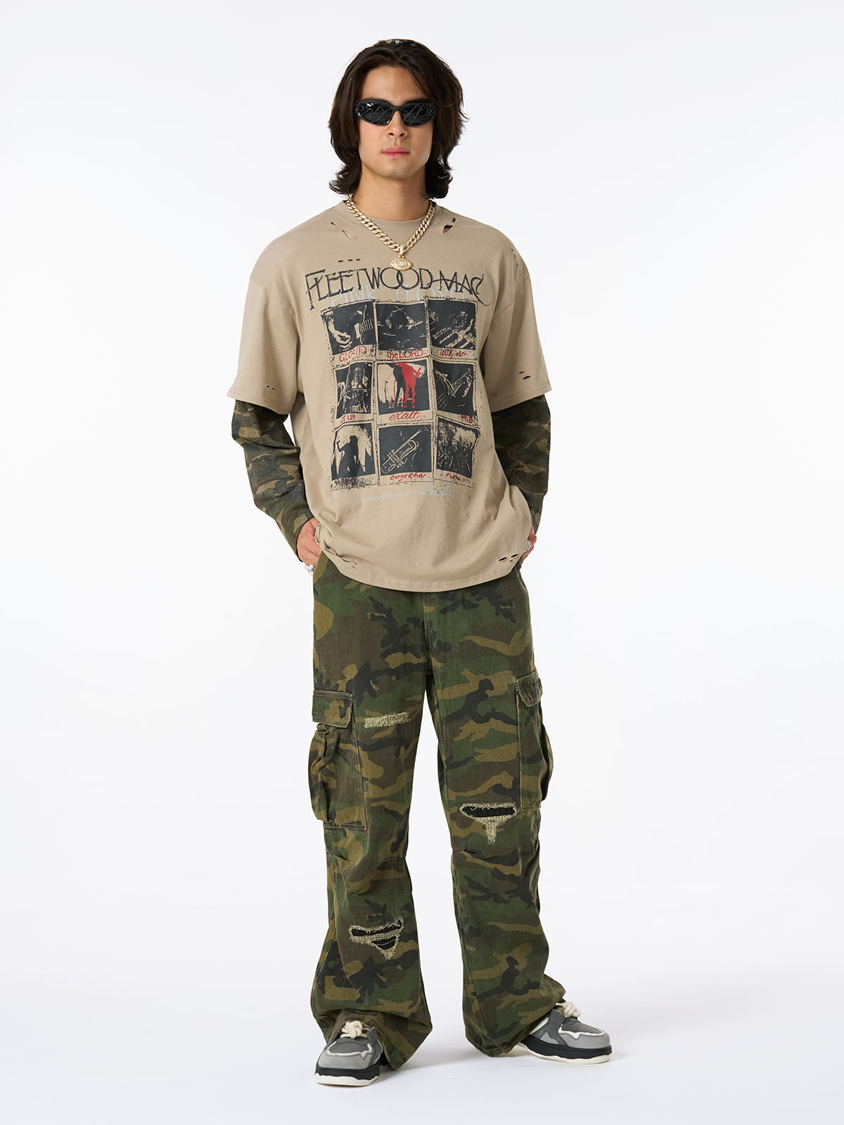 Jersey Distressed Faux Camouflage Two-Piece Graphic T-Shirt - 2420
