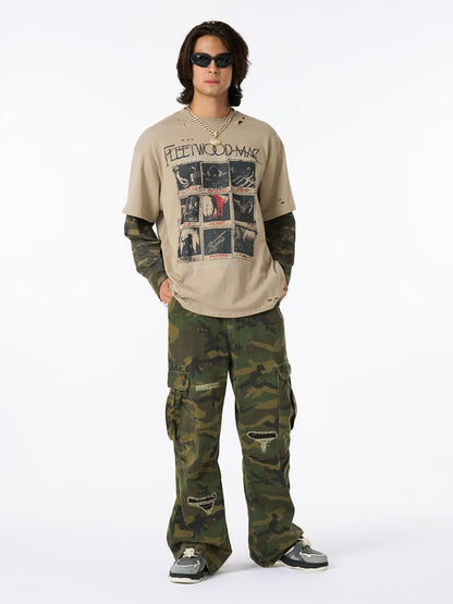 Jersey Distressed Faux Camouflage Two-Piece Graphic T-Shirt - 2420