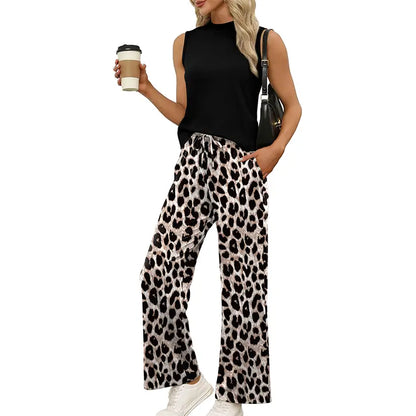 OFEEFAN Two Piece Set for Women Summer Spring Outfits Cruise Travel Airport Beach Vacation Mock Neck Wide Leg Pants Set Womenswear