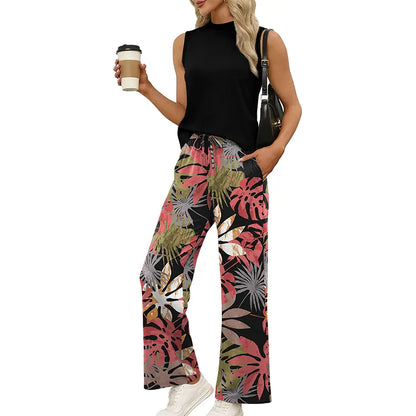 OFEEFAN Two Piece Set for Women Summer Spring Outfits Cruise Travel Airport Beach Vacation Mock Neck Wide Leg Pants Set Womenswear