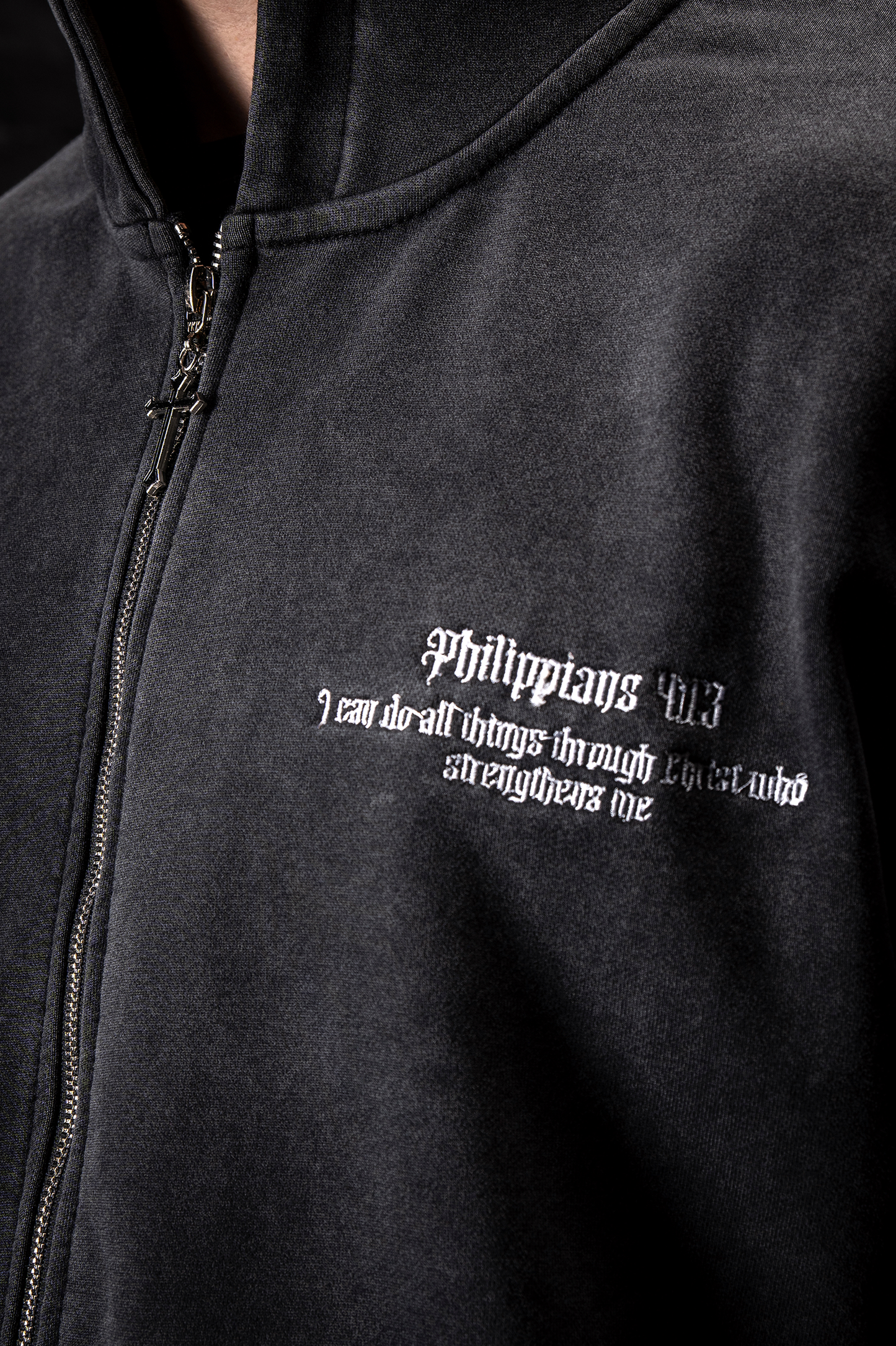 Cross 3D Embroidery Zip Up Hoodie