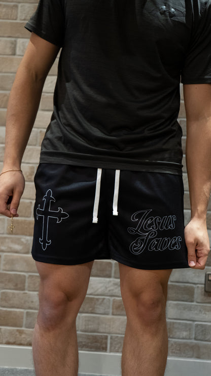 Jesus Saves Mesh Shorts - Black