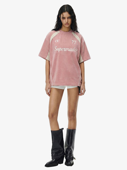 Suede Logo Embroidered Patchwork Short Sleeve T-Shirt