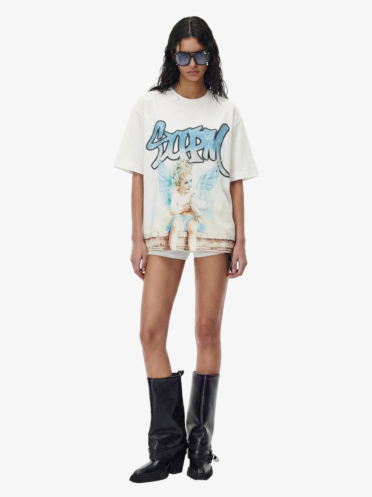 Retro Street Peace Dove Angel Rhinestone T-Shirt