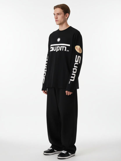 Textured Waffle SUPM Letter Graphic Long Sleeve T-Shirt - 2600