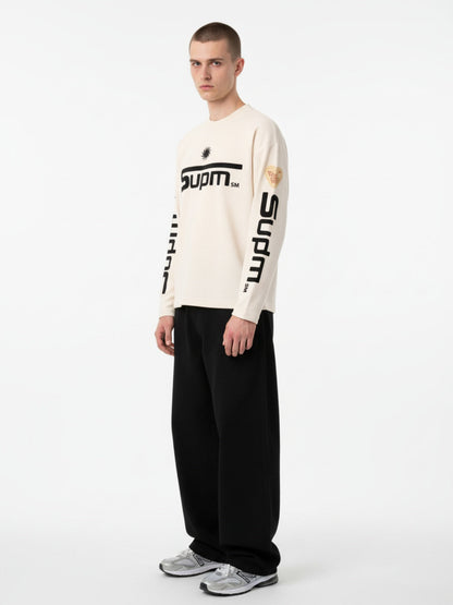Textured Waffle SUPM Letter Graphic Long Sleeve T-Shirt - 2600