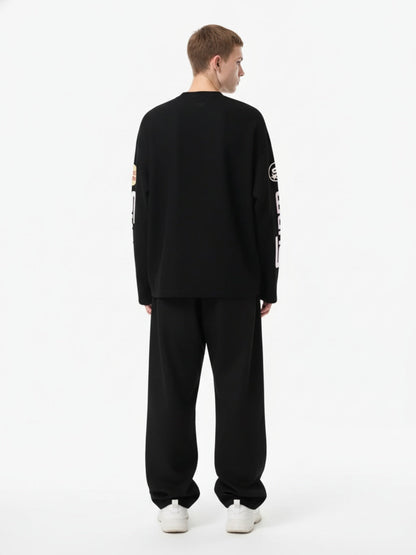 Textured Waffle SUPM Letter Graphic Long Sleeve T-Shirt - 2600
