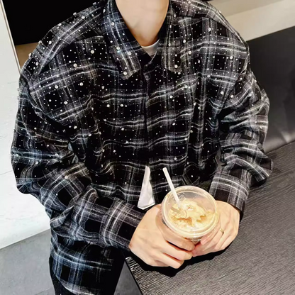 Rhinestone Plaid Long Sleeve Shirt Jacket