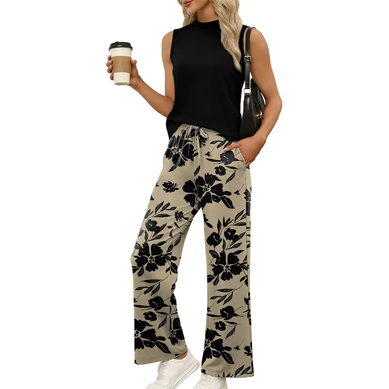 OFEEFAN Two Piece Set for Women Summer Spring Outfits Cruise Travel Airport Beach Vacation Mock Neck Wide Leg Pants Set Womenswear