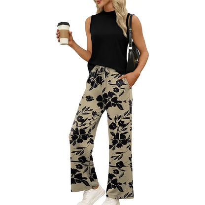 OFEEFAN Two Piece Set for Women Summer Spring Outfits Cruise Travel Airport Beach Vacation Mock Neck Wide Leg Pants Set Womenswear
