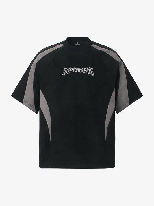 Suede Panel Embroidered Logo Short Sleeve T-Shirt