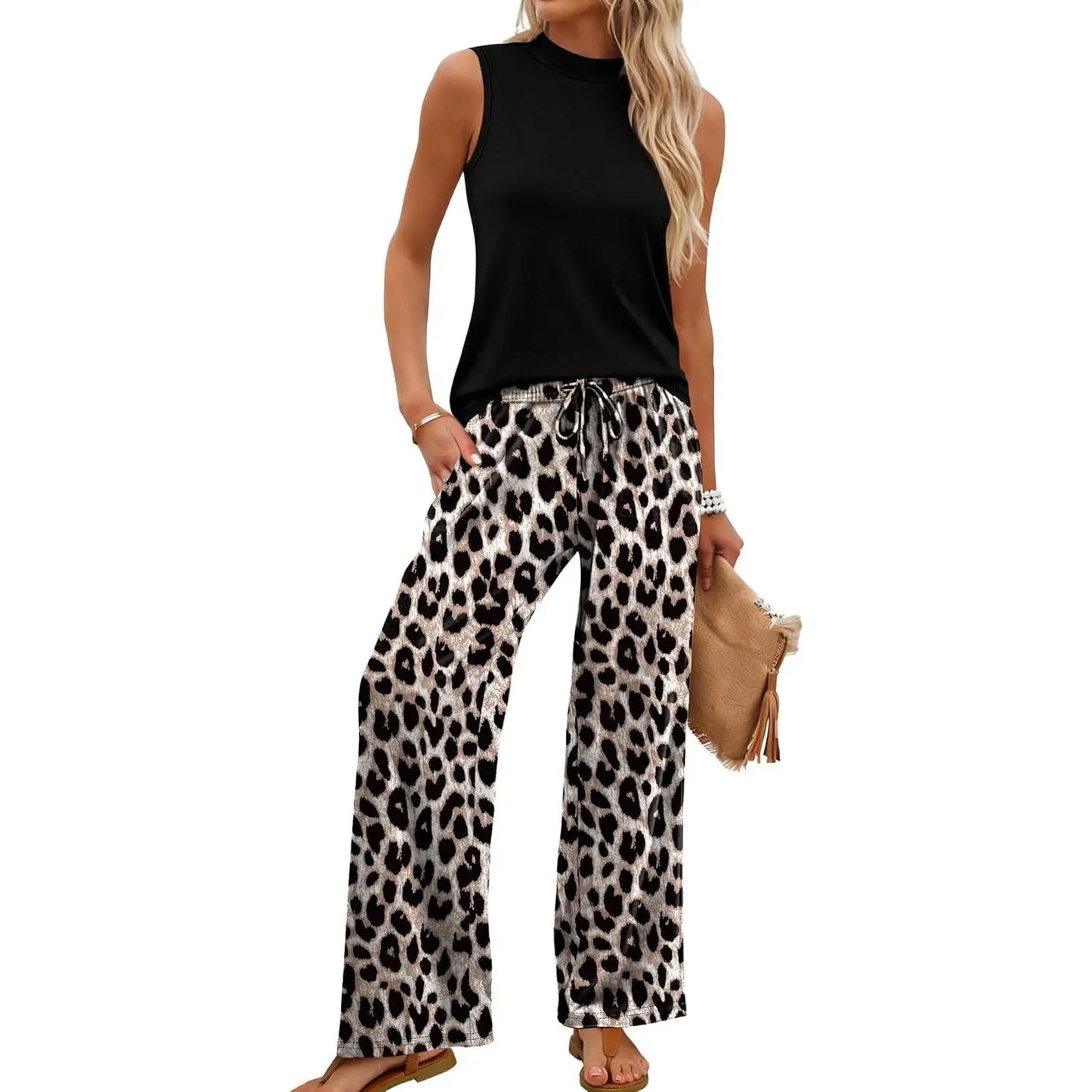 OFEEFAN Two Piece Set for Women Summer Spring Outfits Cruise Travel Airport Beach Vacation Mock Neck Wide Leg Pants Set Womenswear