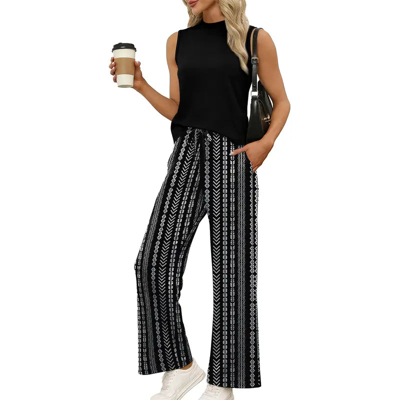 OFEEFAN Two Piece Set for Women Summer Spring Outfits Cruise Travel Airport Beach Vacation Mock Neck Wide Leg Pants Set Womenswear