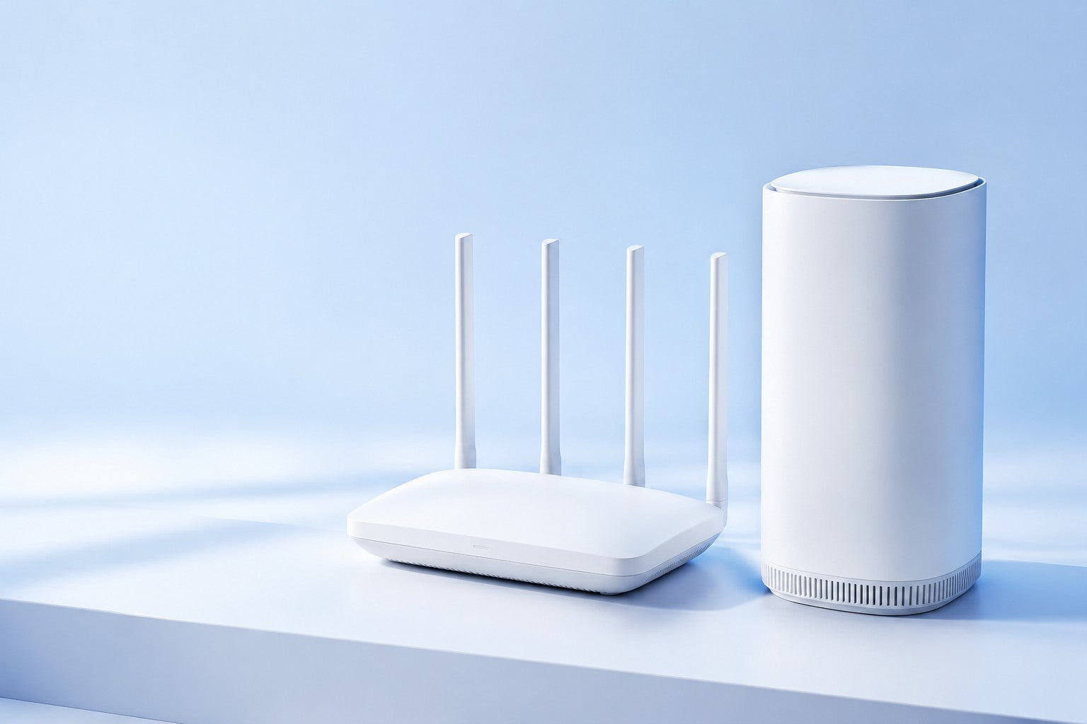 Illustrative white tower and antenna routers in a blue studio